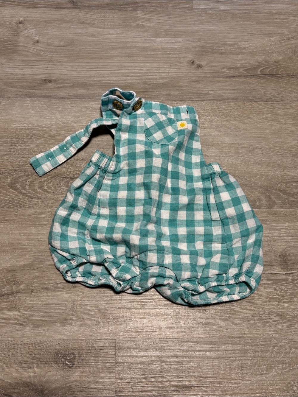 Purebaby Teal & White Gingham Bubble Romper with Sunflower Tag